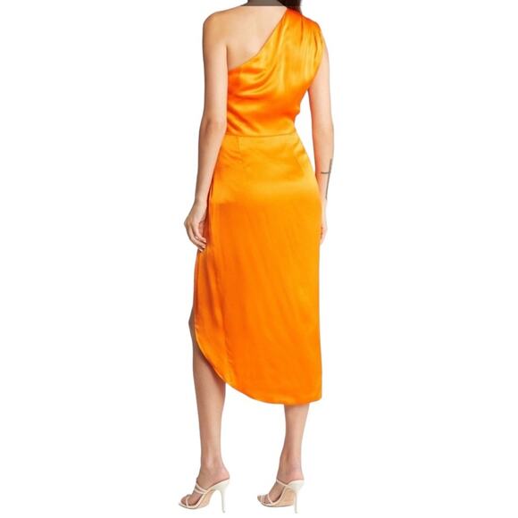 NEW Elliatt Zelda One Shoulder Satin Faux Wrap Orange Midi Dress MEDIUM - Picture 2 of 9